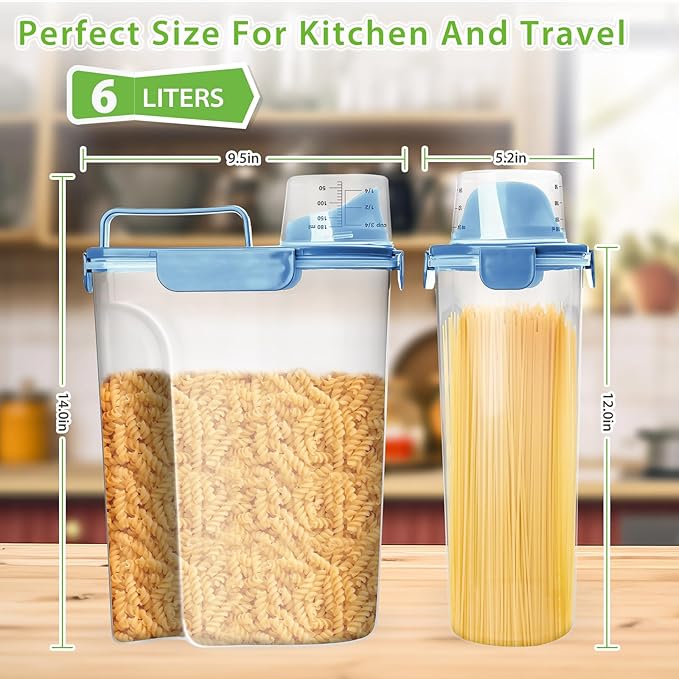 Rice Storage Container, 5 to 10lb Dry Food Airtight Dispenser, Pet Dog Cat Food Canister, BPA Free Clear Plastic Kitchen and Pantry Bin for Oatmeal, Cereal, Pasta, Flour Pack of 2 Blue