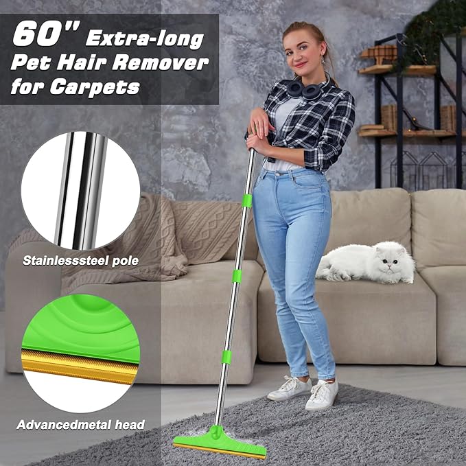 B-Land Carpet Rake for Pet Hair Removal, Reusable Pet Hair Remover with 60” Adjustable Long Handle, Carpet Scraper Dog Cat Hair Remover Tool for Rugs, Mats, Couch, Furniture Green