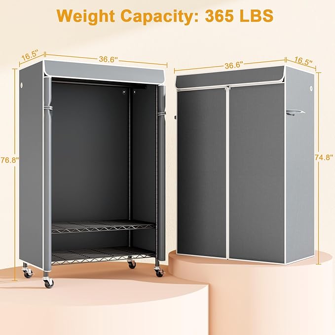 P6C Rolling Clothes Rack with Cover, Covered Clothing Racks Heavy Duty, Portable Closet for Hanging Clothes, Garment Racks on Wheels, Black Closet Rack with Gray Cover, Max Load 365LBS