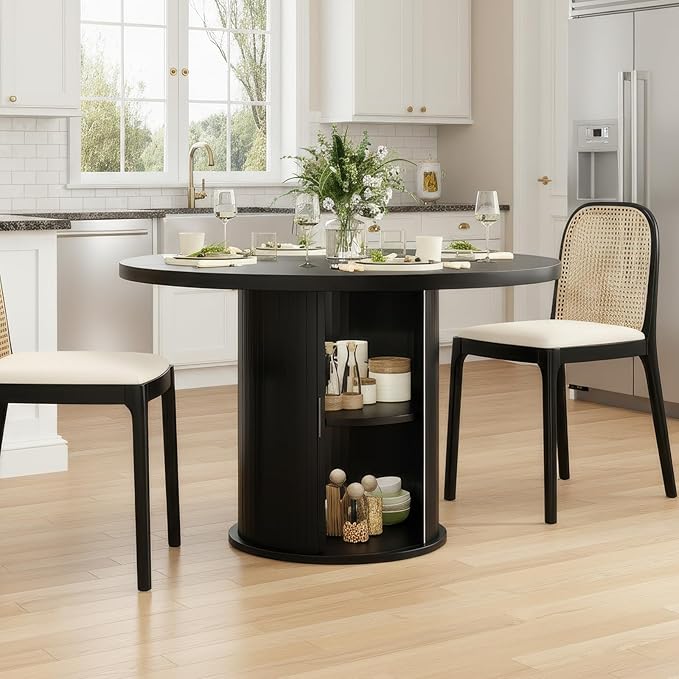 Farini 43" Round Dining Table for 4-6 with Storage Space,Modern Kitchen Room Table with Wood Top & Sturdy Metal Base,Black