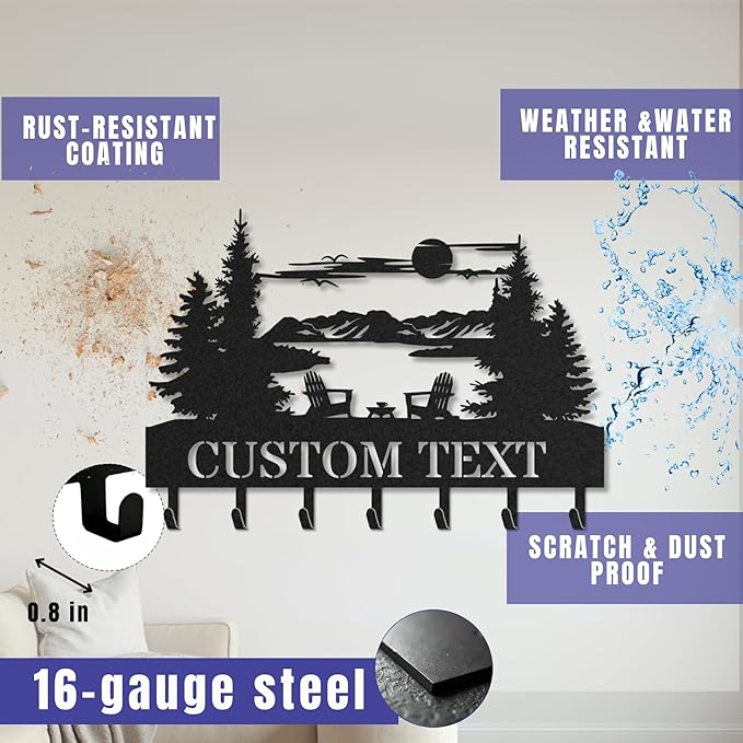 Personalized Key Holder for Wall, Custom Metal Forest Camp Cabin Key Hooks with Name, Metal Jacket Holder Hooks Organizer Rack, Coat Hanger Decor for Kitchen, Entryway, Hallway