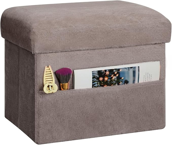 Ottoman with Storage, Folding Soft Fur Ottoman Foot Rest Stool with Thicker Furry Padded Seat. Small Storage Bench for Bedroom Living Room, Holds Up to 300 lbs, 17x13x13IN (Gray)