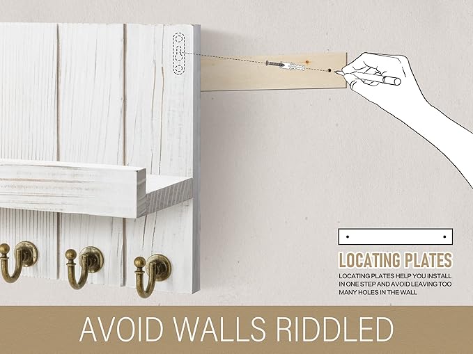 Rebee Vision Farmhouse Key Holder for Wall - Decorative Mail Organizer & Key Rack Wall Mount - Elegant 5 Sturdy Key Hooks with Floating Shelf for Living Room Decor (Whitewash, 3.54"D x 10"W x 7.28"H)