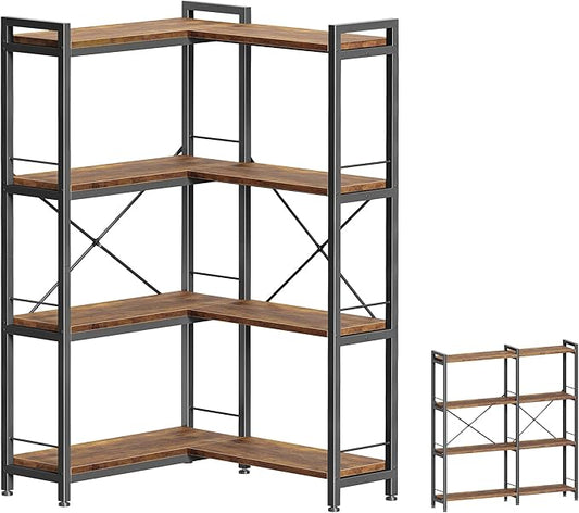 Huuger 4 Tier Bookshelf, L Shaped Corner Bookshelf with 8 Open Shelves, 49.4 Inch Straight Wide Bookcase with Metal Frame and Wooden Board, Adjustable Feet, Rustic Brown