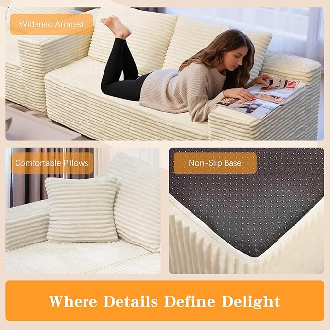 106'' Boneless Couches for Living Room, L Shaped Modular Sectional Sofa with Chaise Lounge, Faux Rabbit Fur & Layered Cushion Deep Seat Cloud Couch, No Assembly (Beige, Left Facing Chaise)