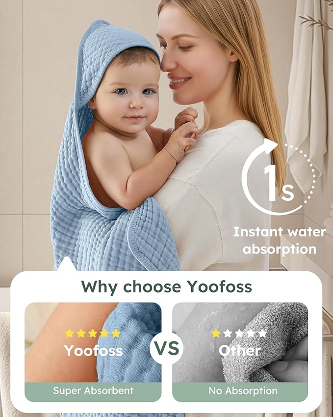 Yoofoss Hooded Baby Towels for Newborn 2 Pack 100% Muslin Organic Cotton Baby Bath Towel with Hood for Babies, Infant, Toddler and Kids, Large 32x32Inch, Soft and Absorbent Newborn Essential