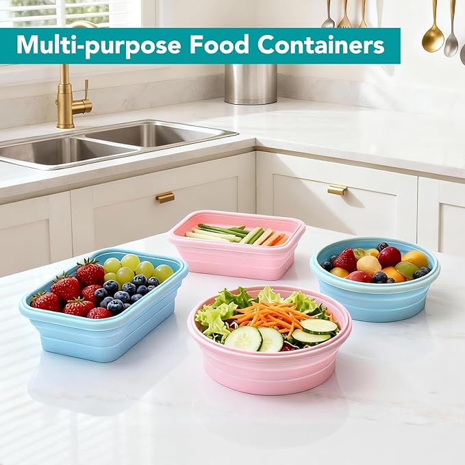 Square Collapsible Silicone Food Storage Containers 4-Piece Set, Air-Tight Leak-Proof Collapsible Bowls with Lids for Meal Prep, Office Lunch & Camping, Space-Saving Stackable Design(Blue)