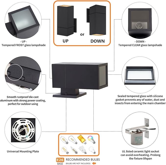 Outdoor Wall Light, Exterior Lighting - ETL Listed, Aluminum Anti-Rust Waterproof Wall Mount Rectangular Design – 1-Direction Up or Down Wall Sconce Light Fixture for Porch, Garage or Patio