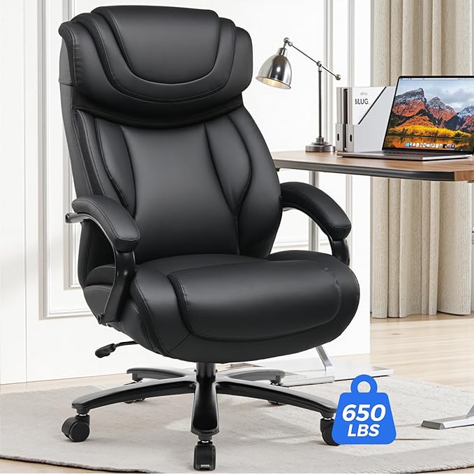 COMHOMA Big and Tall Office Chair 650lbs Ergonomic Office Chair 6 Gear Adjustable Headrest Swivel Rocking Home Office Desk Chairs Leather High Back Executive Office Chairs with Thickened Armrests