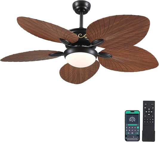 Ceiling Fans with Lights and Remote/APP Control, 52 Inch Tropical Palm Leaf Ceiling Fan with LED Lights, Outdoor Ceiling Fans for Patios Porch, Reversible Quiet Motor, Dimmable, Brown