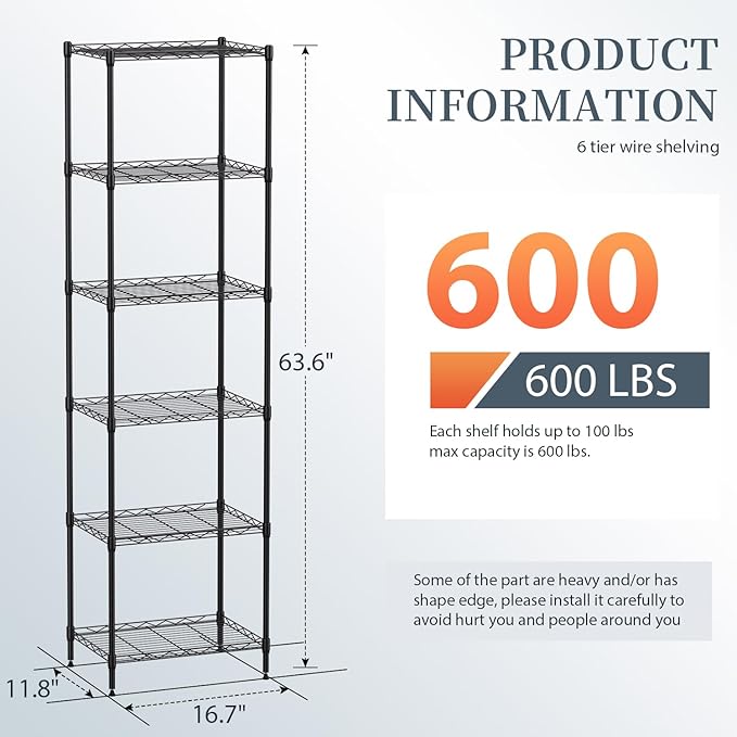 BestOffice 6-Shelf Storage Shelves, Adjustable Shelving Unit Wire Shelving Metal Shelves,11.8" D x 16.7" W x 63.6" H,Black