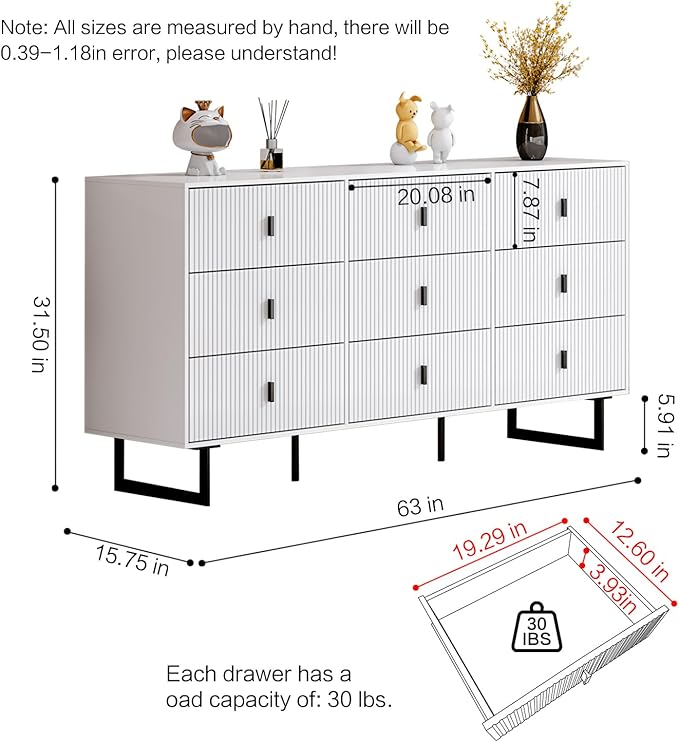 Modern Chest of Drawers with 9 Drawers,Deep Drawers,Clothes Organizer,Large Storage Cabinet for Living Room, Bedroom,Hallway,with Anti-Tipping Device, White