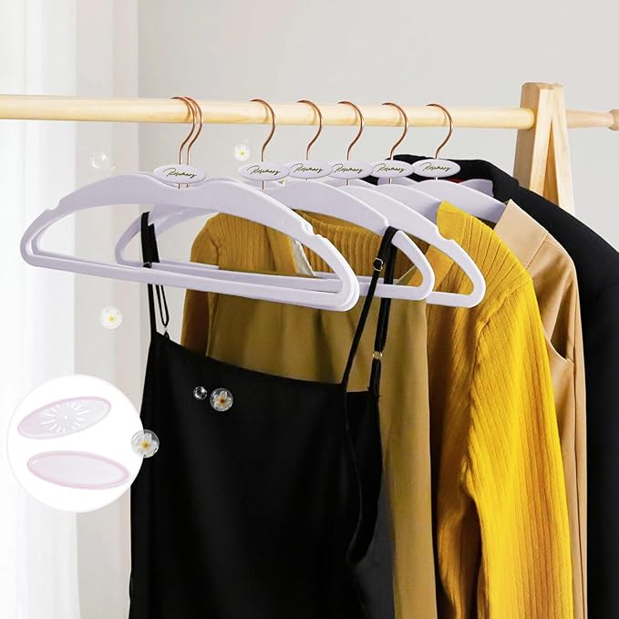 ManGotree Velvet Coat Hangers with Empty Aromatherapy Boxes, Non-Slip Short Neck Hangers, Ultra-Thin Space Saving Suit Hanger for Jacket, Shirt, Dress, Pants (22 Pack, Light Purple)