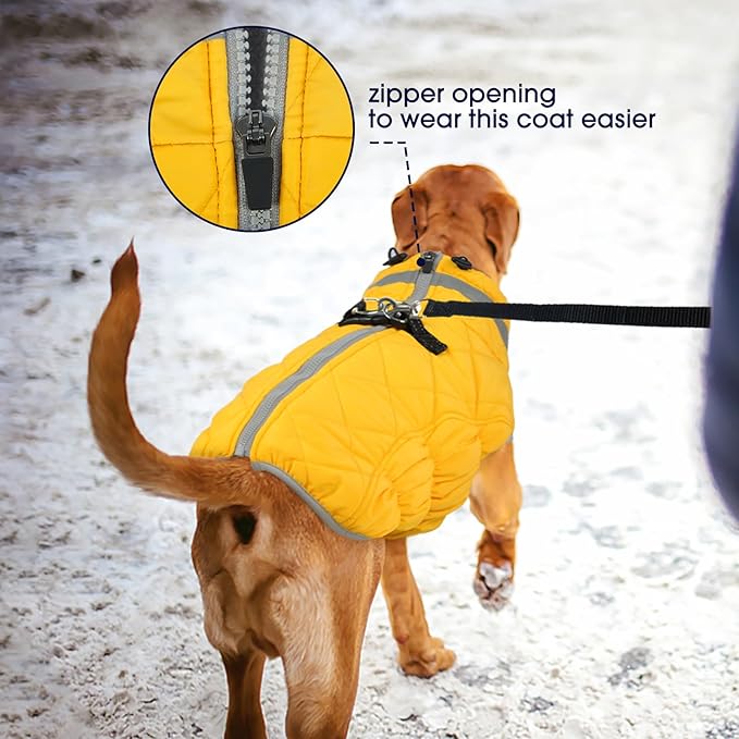FUAMEY Dog Coat for Large Dogs,Waterproof Dog Winter Jacket with Harness Built in Puppy Cold Weather Coats Reflective Pet Vest with Zipper Warm Fleece Dogs Snowsuit Windproof Yellow 2XL