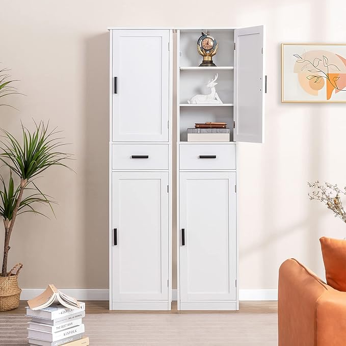 usikey 67'' Tall Bathroom Cabinet, Storage Cabinet with 4 Shelves & 2 Doors, Narrow Storage Cabinets for Bathroom, Living Room, Home Office, White