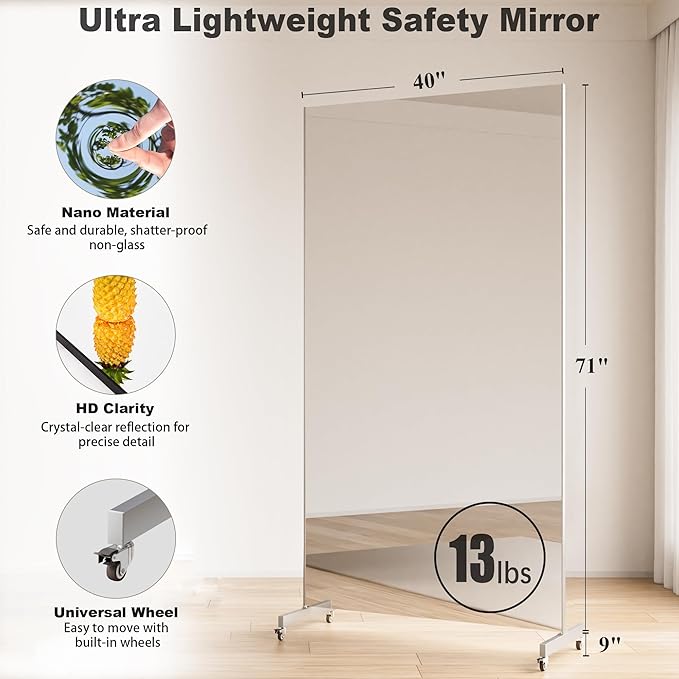 Full Length Mirror with Wheels, 71 "x 40", White, Nano Film Material Without Glass, shatterproof, Safe, Lightweight, only 13lbs Easy to Move and Install, for Home Gym, Dance & Yoga Studios.