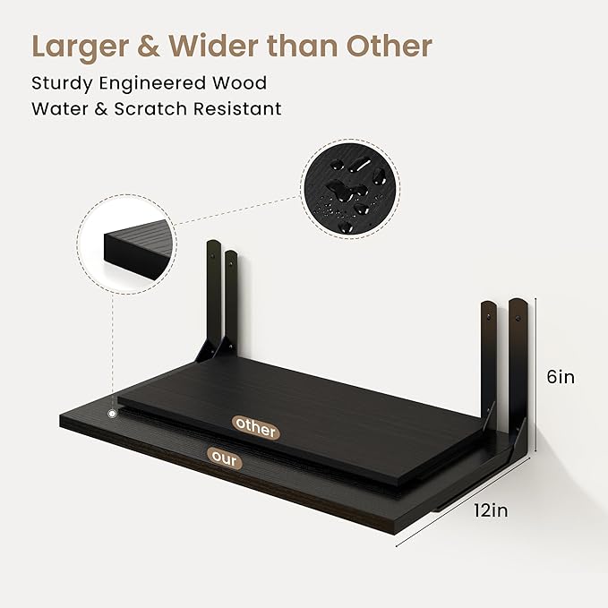 Fun Memories Floating Shelves for Wall, 12 Inch Deep Floating Shelves Set of 2, Wall Mounted Shelf with Metal Brackets, Rustic Wood Wide Shelf for Bathroom, Kitchen and Living Room, Black, 36W x 12D