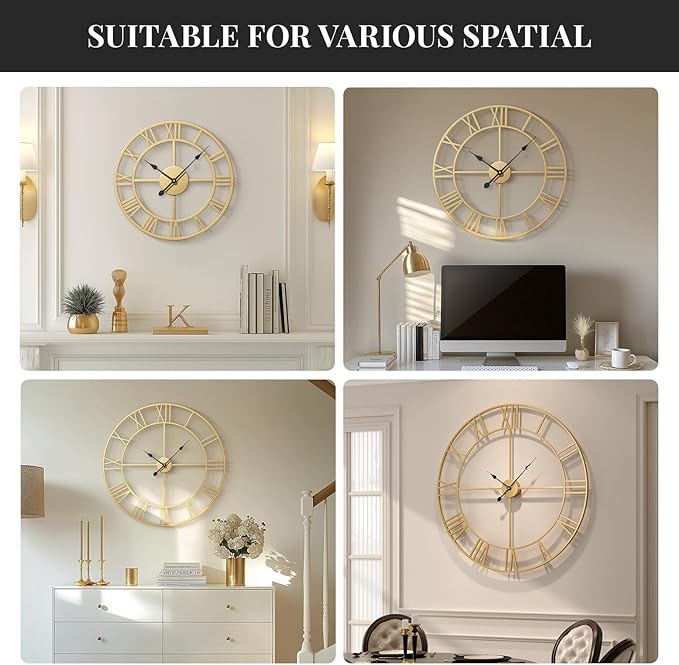Wall Clock Large Gold Clocks 20 Inch, Silent Non-Ticking Battery-Operated Modern Metal Round Wall Clock Decorative for Living Room, Kitchen, Mantel - Roman Numerals