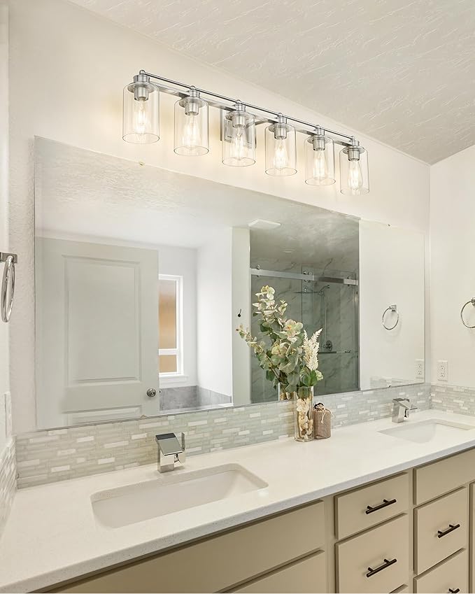 Bathroom Vanity Light Fixtures 6 Light, HWH Brushed Nickel Vanity Light Bathroom Lights Over Mirror, Wall Vanity Lights for Bathroom with Clear Glass Shade, 5HLT63B-6W BN