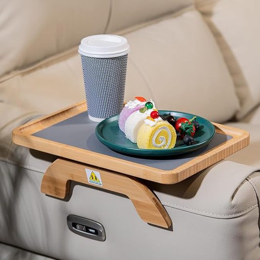 Couch Armrest Table, Foldable Bamboo Sofa Arm Tray for Couch with a Non-Slip Pad, Clip On Couch Arm Table for Remotes/Eatting/Drinks, Fits Sofa Armrest 3.5"-13.5" Natural