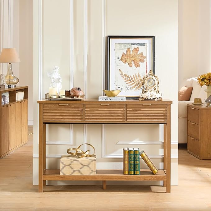 LEYAOYAO Fluted 47.2" Console Table with 3 Drawers, Modern Wood 2 Tier Entryway Table with Open Storage Shelf, Boho Sofa Entry Tables Behind Couch for Living Room, Hallway, Entrance Foyer, Tea Brown