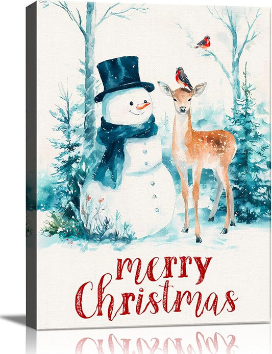 Christmas Snowman with Deer Canvas Wall Art - Rustic Winter Scene Framed Print for Farmhouse Living Room, Cozy Christmas Wall Decor, Ideal Christmas Gifts & Festive Decorations