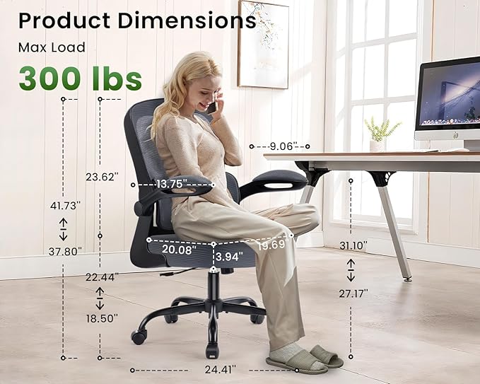 Ergonomic Office Chair, Comfy Desk Chair with Adjustable Lumbar Support, Mesh Computer Chair with Wheels, Flip-up Armrests, Swivel Rolling Executive Chair for Home Office, Gaming, Dark Gray