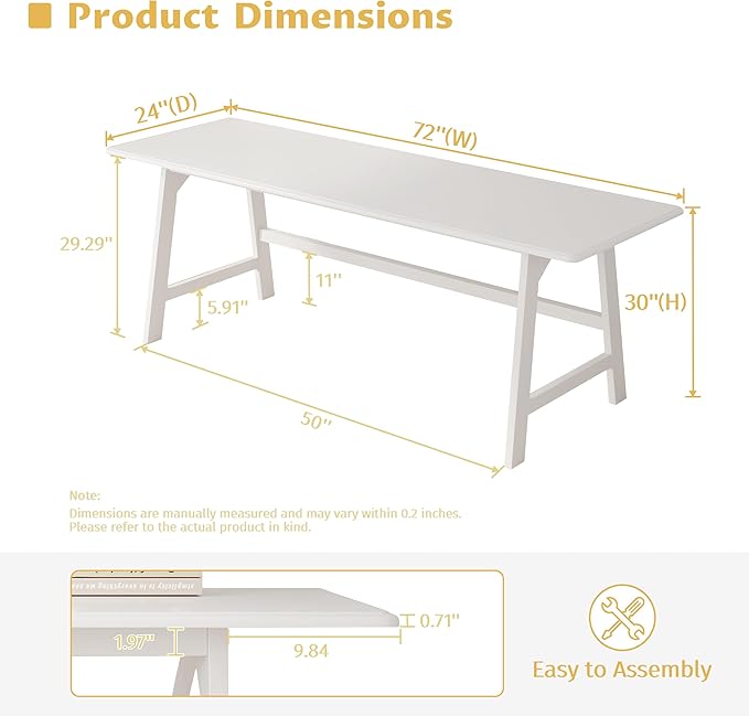 IOTXY Solid Wood Writing Table - 72" W x 24" D Minimalist Long Computer Desk for Home Office, Work, Study, Creativity, and PC Workstation, White