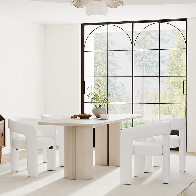 Modern Barrel Dining Chair, PU Leather Upholstered Accent Side Chair with Arms Comfy Makeup Vanity Chair, Dining Living Room Kitchen Chair, White