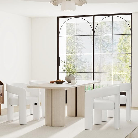 Set of 4 Modern Barrel Dining Chairs, White PU Leather Upholstered Accent Side Chair with Arms Comfy Makeup Vanity Chairs, Dining Living Room Kitchen Chairs