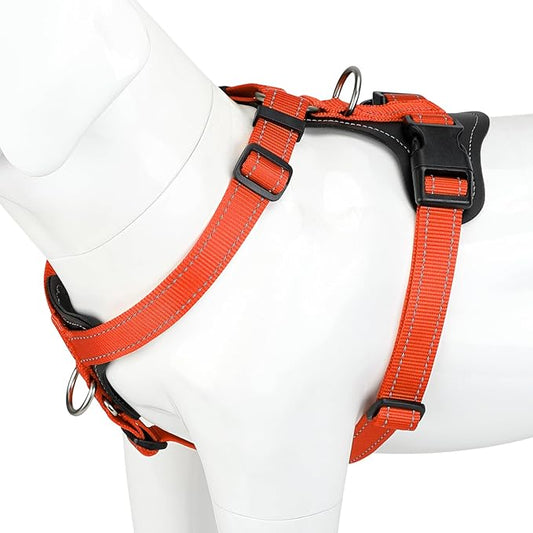 Plutus Pet Adjustable No Pull Dog Harness with Leather Accents, Heavy Duty Reflective Nylon Vest for Training, Hiking, Easy Walk Harness for Small, Medium, Large Dogs (Orange, M)