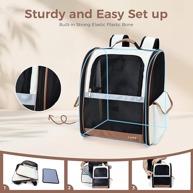 Lekereise Cat Backpack Carrier, Pet Carrier Backpack Airline Approved for Small Dogs Medium Cats Fit Up to 18 Lbs, Dogs Foldable Backpack Carrier for Travel, Hiking, Beige