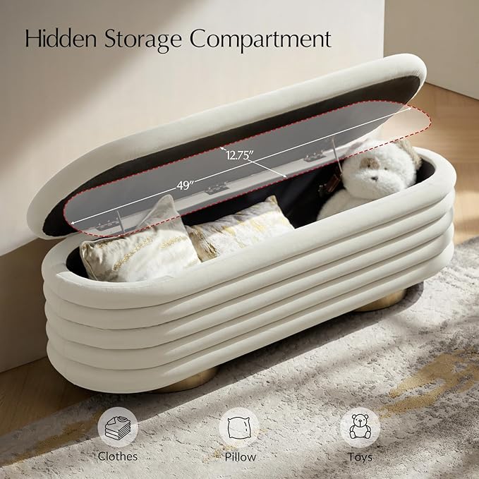 HULALA HOME Velvet Storage Bench, Large Upholstered Ottoman with Button Tufted Design for Living Room, Bedroom, Entryway, or Window, End of Bed Bench with Shoe Storage, Modern Home Decor, Ivory