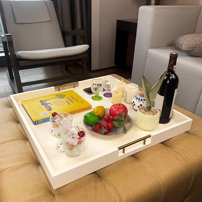 24x24 Inches Extra Large White Faux Leather Wrapped Wood Ottoman Tray with Golden Handles for Serving Food and Breakfast On Bed, Square Coffee Table Organizer, Home Decor and Decorative