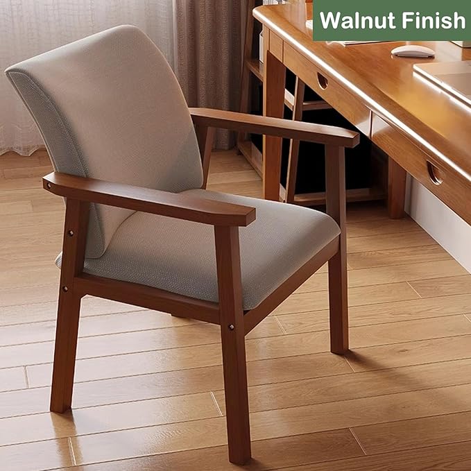Solid Wood Upholstered Dining Chair, Mid Century Modern Dining Room Chair with Curved Backrest and Armrest for Kitchen, Living Room, Study Room, Walnut and Gray