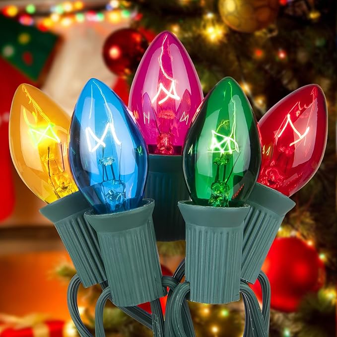 Couah C7 String Lights-25Ft Clear Vintage Multicolor Lights with 27 Colorful Incandescent Bulbs (2 Spare), Outdoor String Lights for Christmas Party Backyard Wedding- Green Wire, ULP(7)-LR(25)(5W)