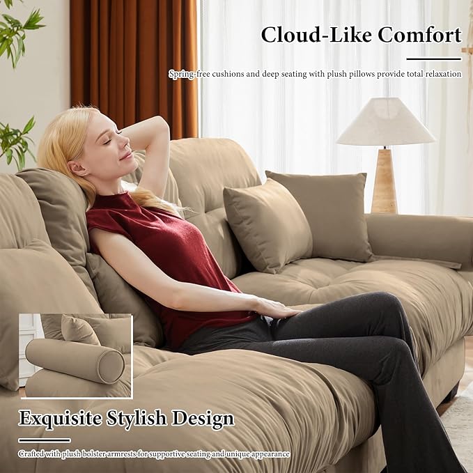 130" Oversized Couch, 3 Seater Sectional Couches for Living Room, Camel Velvet Large L Shaped Fluffy Modular Couch Set