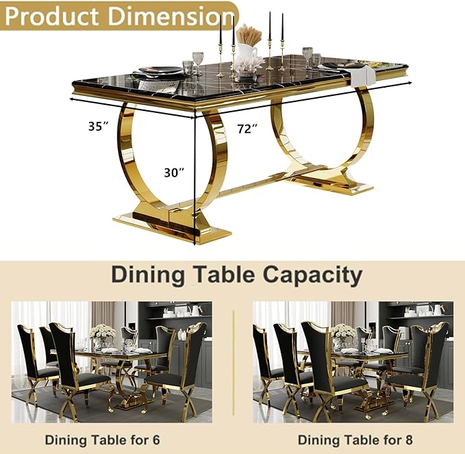 Asday Black and Gold Dining Table, 72 inch Luxury Dining Room Table with Gold Stainless Steel Metal U-Base for 4-8