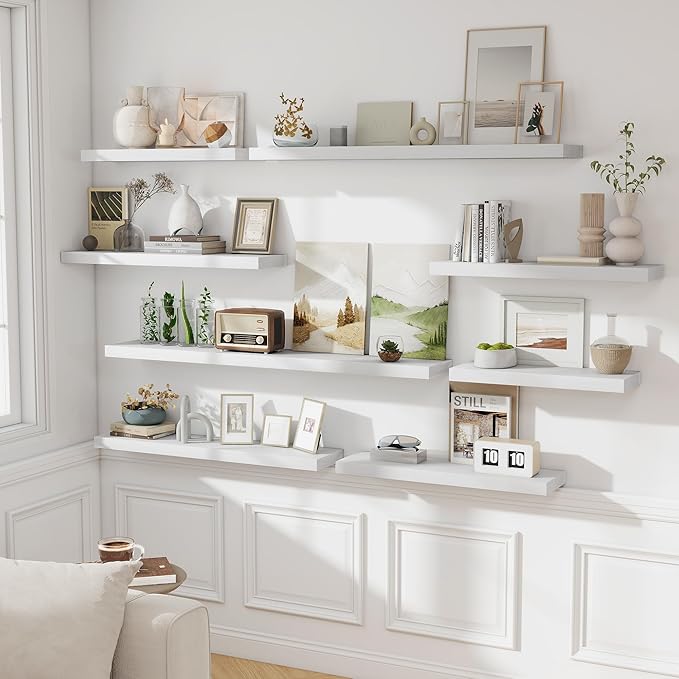 Fun Memories 36 Inch Floating Shelves, Wall Shelves Set of 2 for Bathroom/Living Room/Bedroom/Kitchen, White Floating Shelf for Wall Decor with Invisible Brackets