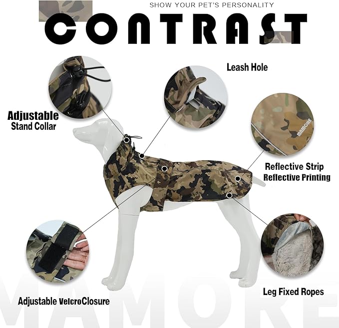 Waterproof Dog Raincoat with Reflective Strip, Adjustable Breathable Rain Coat Jacket with Leash Hole for Dogs (Camo, XX-Large)