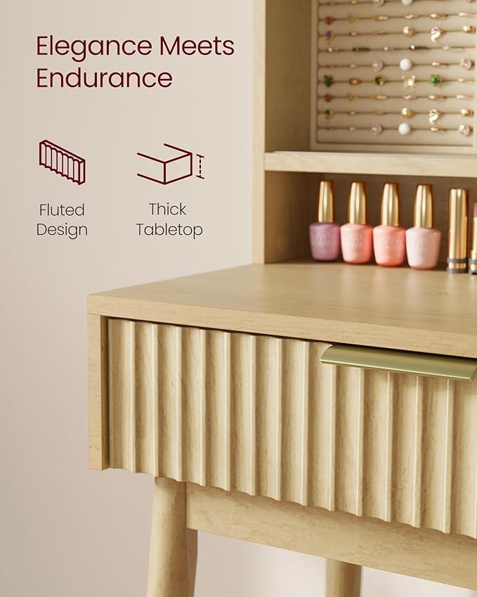 VASAGLE MAXE Collection - Vanity Desk with Sliding Mirror and Lights, Mid Century Modern Fluted Makeup Vanity with 10x Magnifying Mirror, Charging Station, Jewelry Storage, Oak Beige URDT139YC01S