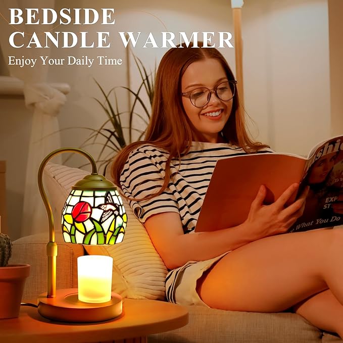 Candle Warmer Lamp - Hummingbird Candle Lamps Timer Dimmer, Tiffany Style Stained Glass Candle Warming Lamp Compatible with Small Jar Candles Gifts for Her, for Mom Wax Melt Warmer for Home Decor