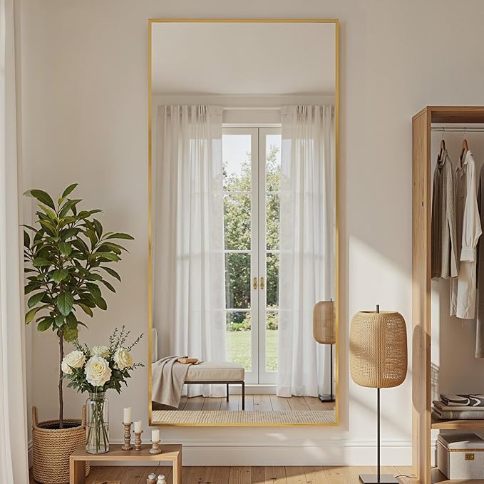 Full Length Mirror, 71"x32" Full Body Mirror, Floor Mirrors with Stand, Body Mirrors Standing Hanging Leaning Against Wall,Aluminum Frame Mirrors for Bedroom Cloakroom,Living Room,Gold