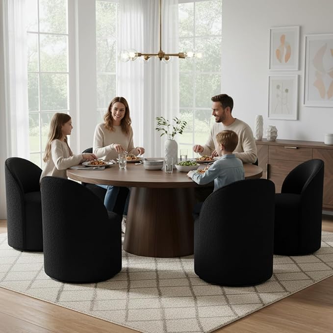 Modern Barrel Dining Chairs Set of 2, Swivel Base Black Sherpa Accent Chair 360°Rotating Mid-Century Dining Side Chair Kitchen Chair for Living Room, Bedroom, Home, Office, Kitchen