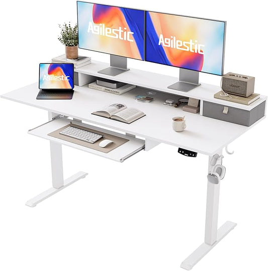 Agilestic Electric Standing Desk with 2 Drawers and Keyboard Tray, 55 x 24 Inches Ergonomic Adjustable Height Desk with Storage, Sit Stand up Desk Computer Workstation, White