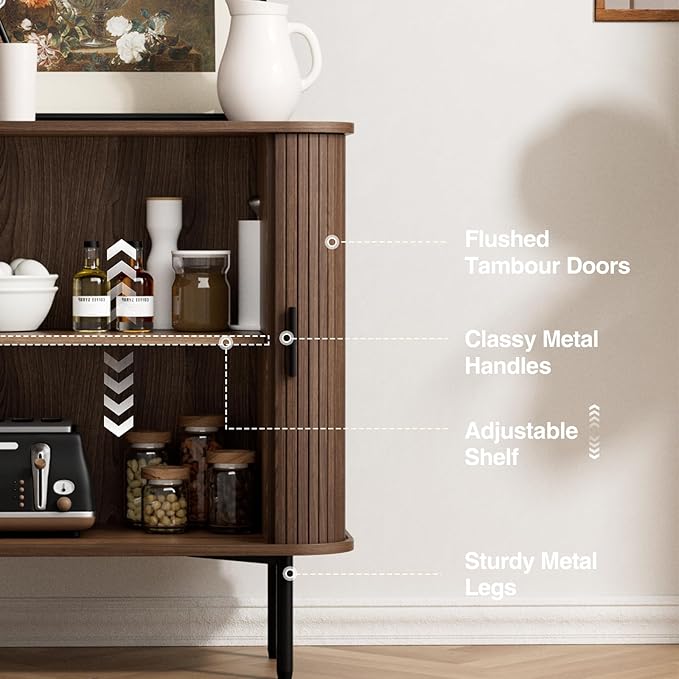 31''W Walnut Buffet Sideboard Cabinet with Storage, Fluted Accent Storage Cabinet with Curvy Edge, Sliding Door, Freestanding Credenza, Console Table for Living Room, Kitchen, Hallway