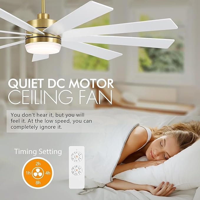 64" Ceiling Fan with Light, 6-Speed Remote Control, Reversible DC Motor, Modern 9 Blades with 4.5"/12" Downrods for Home or Commercial White/Gold
