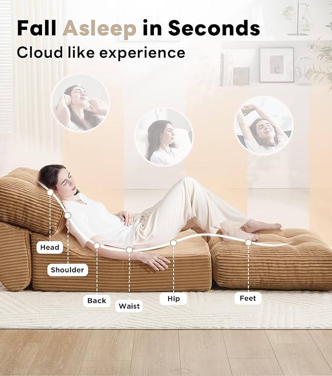 Tbfit Folding Sofa Bed, Convertible Sleeper Chair with Large Pillow, Corduroy Folding Couch Bed, Portable & Foldable Mattress Boneless Floor Sofa for Living Room, Bedroom, Office, Brown, Single