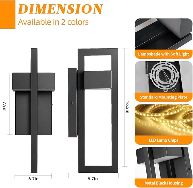 tewei 16.5'' Modern LED Outdoor Wall Sconce, Integrated LED Outdoor Light Fixtures Wall Mount Exterior Lights, Black Front Porch Outside Lighting for House, Backyard, Warm White 3000K, 1 Pack