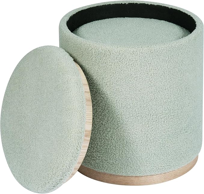 PINPLUS Round Ottoman with Storage Set of 2, Storage Ottoman with Tray, Teddy Velvet Ottoman Storage Modern Multifunctional Foot Rest Stool for Bedroom, Living Room, Dorm (Green)